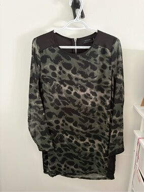 Olive Green Animal-Print Long Sleeve Dress